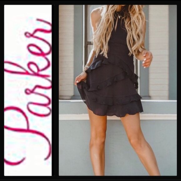 New Parker Phoenix Black Fit Flare Sleeveless Ruffled Mini Dress 4 - Picture 2 of 8